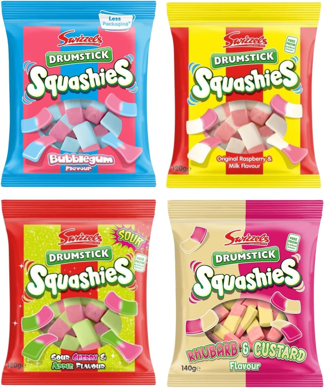 Squashies Mix Sweet Bundle - 5Packets Of Squashies Sweets Sharing Bags (5x120g) - Bubblegum, Original, Sour Cherry & Apple, Rhubarb & Custard