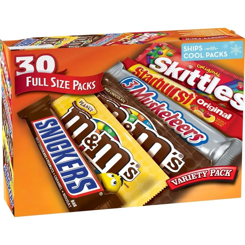 Mars M&M'S, SNICKERS, 3 MUSKETEERS, SKITTLES & STARBURST Variety Pack Full Size Bulk Candy Assortment, 56.11 oz, 30 Count Snack Chocolate