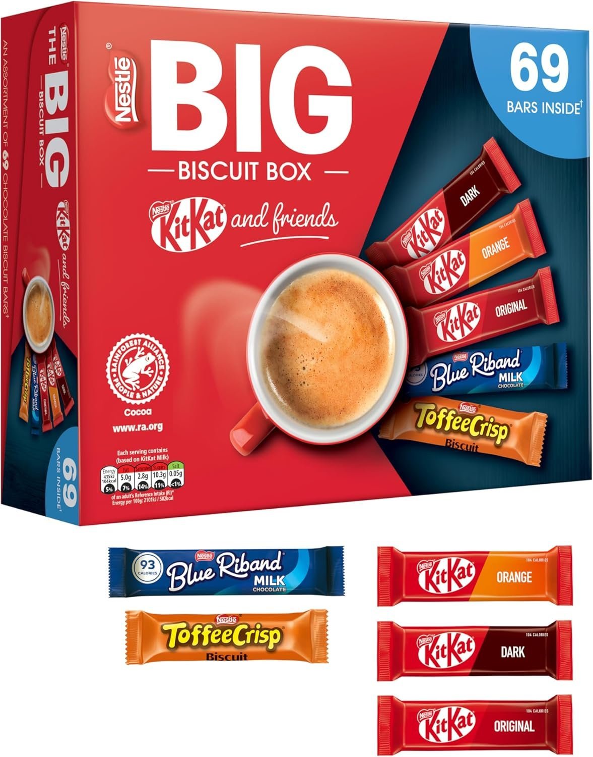Nestlé Kitkat and Friends Big Biscuit Box | 69 x Chocolate Biscuit Bars - KitKat, Blue Riband, Toffee Crisp | Bulk Chocolate Box 1.357kg